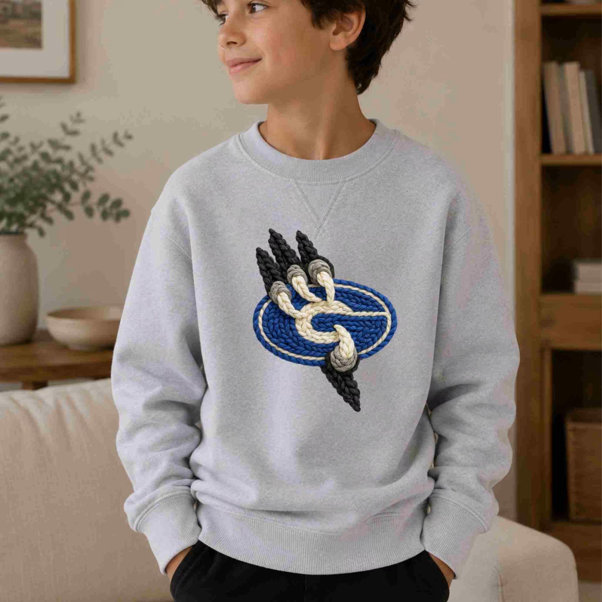 A young boy smiles indoors in a cozy living room, wearing Becca's Banging Designs' Gateway Griffins Crewneck— a light gray sweatshirt with a large embroidered blue, black, and white knotted rope design.