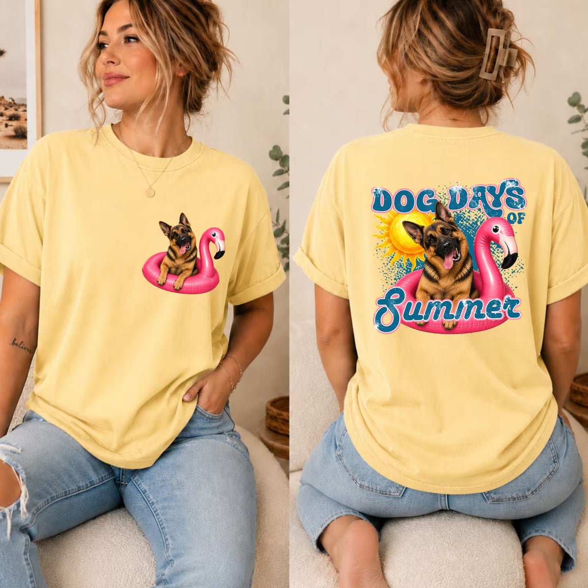 Yellow graphic dog summer t-shirt with mixed-breed dog on pink pool float, rear "SUMMER"