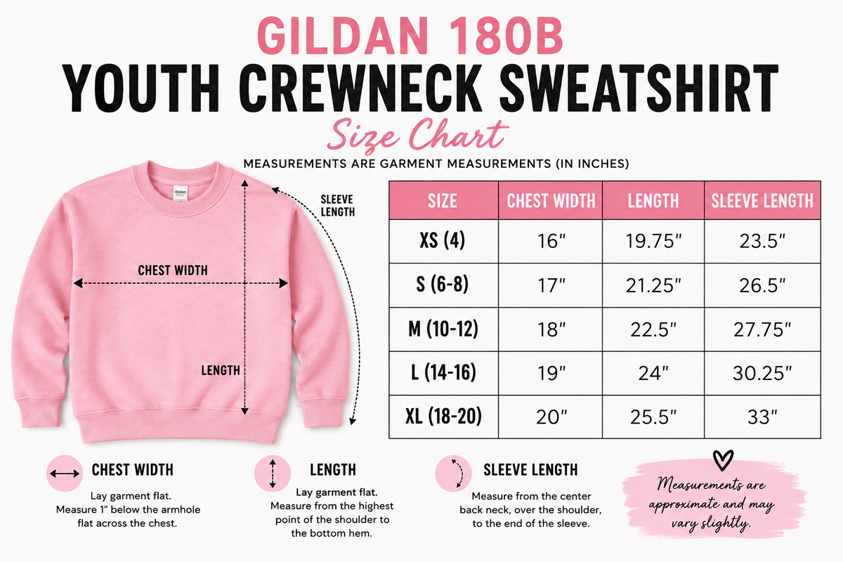 Pink youth crewneck sweatshirt with braided griffin emblem and white sleeve text