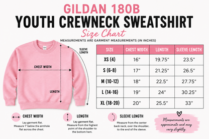 Pink youth crewneck sweatshirt with braided griffin emblem and white sleeve text