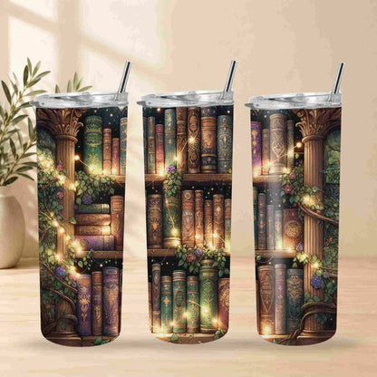 Three tumbler with a design of books and columns on a wooden surface.