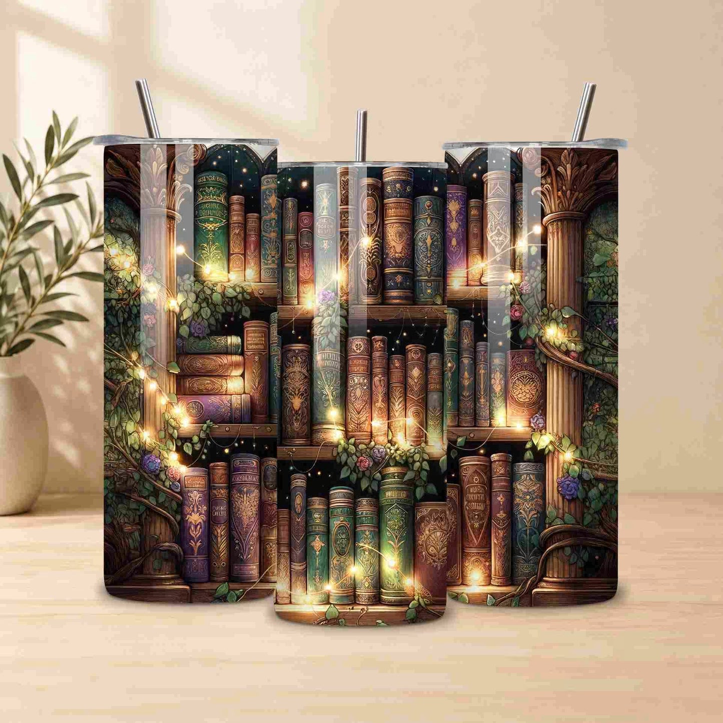 Tumbler with a design of books and fairy lights on a wooden surface.