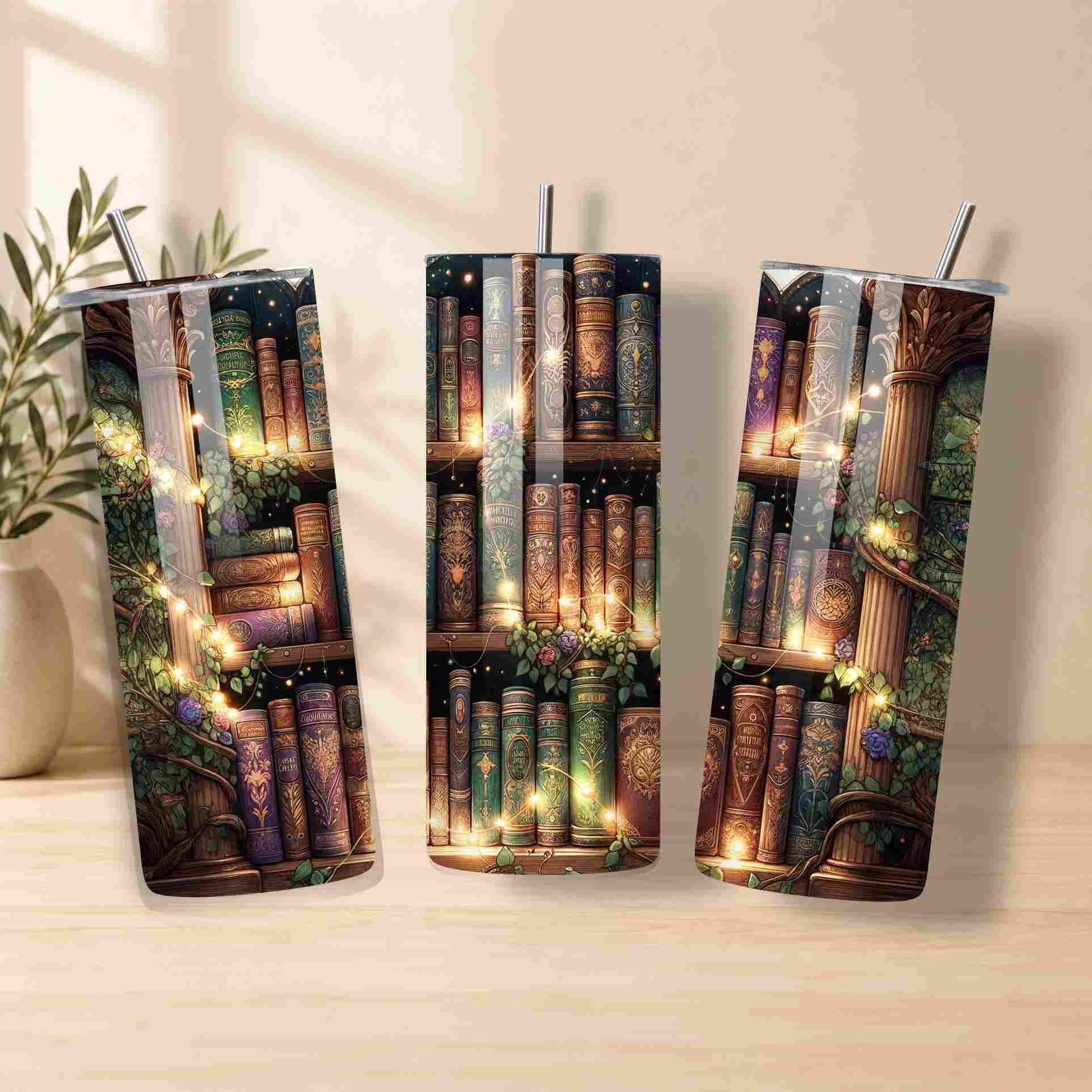 Three tumbler with bookshelf design on a wooden surface