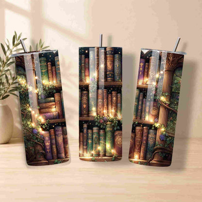 Three tumbler with bookshelf design on a wooden surface