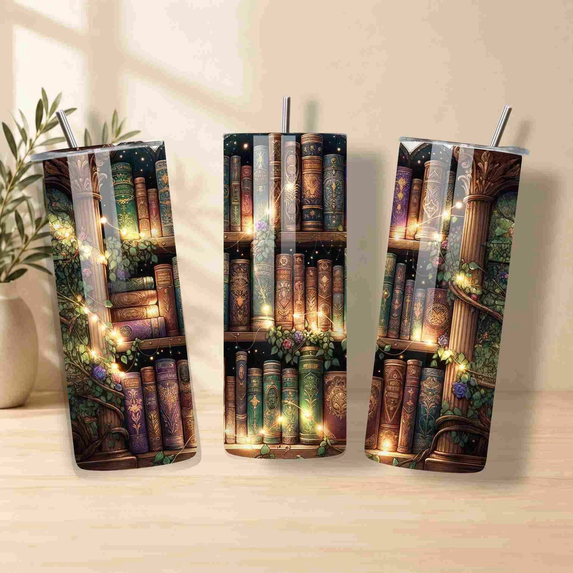 Three tumbler with bookshelf design on a wooden surface