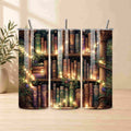 Phone case with a design of books and fairy lights on a wooden surface.