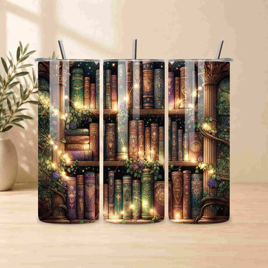 Phone case with a design of books and fairy lights on a wooden surface.