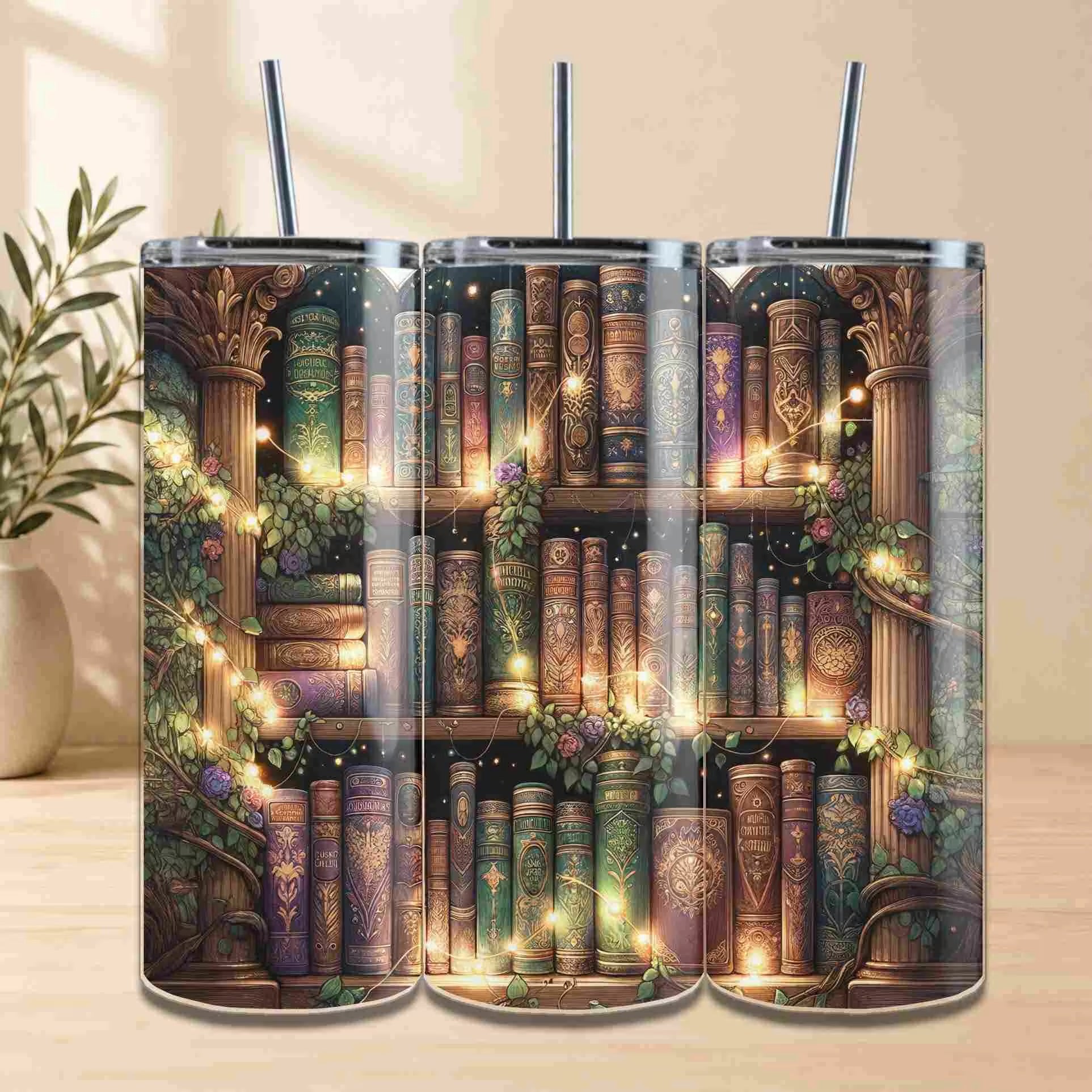 Tumbler with a design of a bookshelf filled with books and lights on a wooden surface.