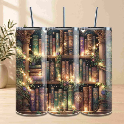 Tumbler with a design of a bookshelf filled with books and lights on a wooden surface.