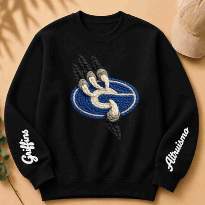 Black sweatshirt with a blue and white logo and 'Griffins' text on sleeves against a beige background