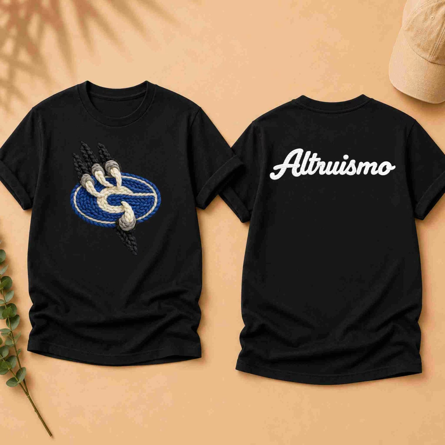 Black t-shirt with a logo on the front and 'Altruismo' text on the back, displayed on a beige surface.