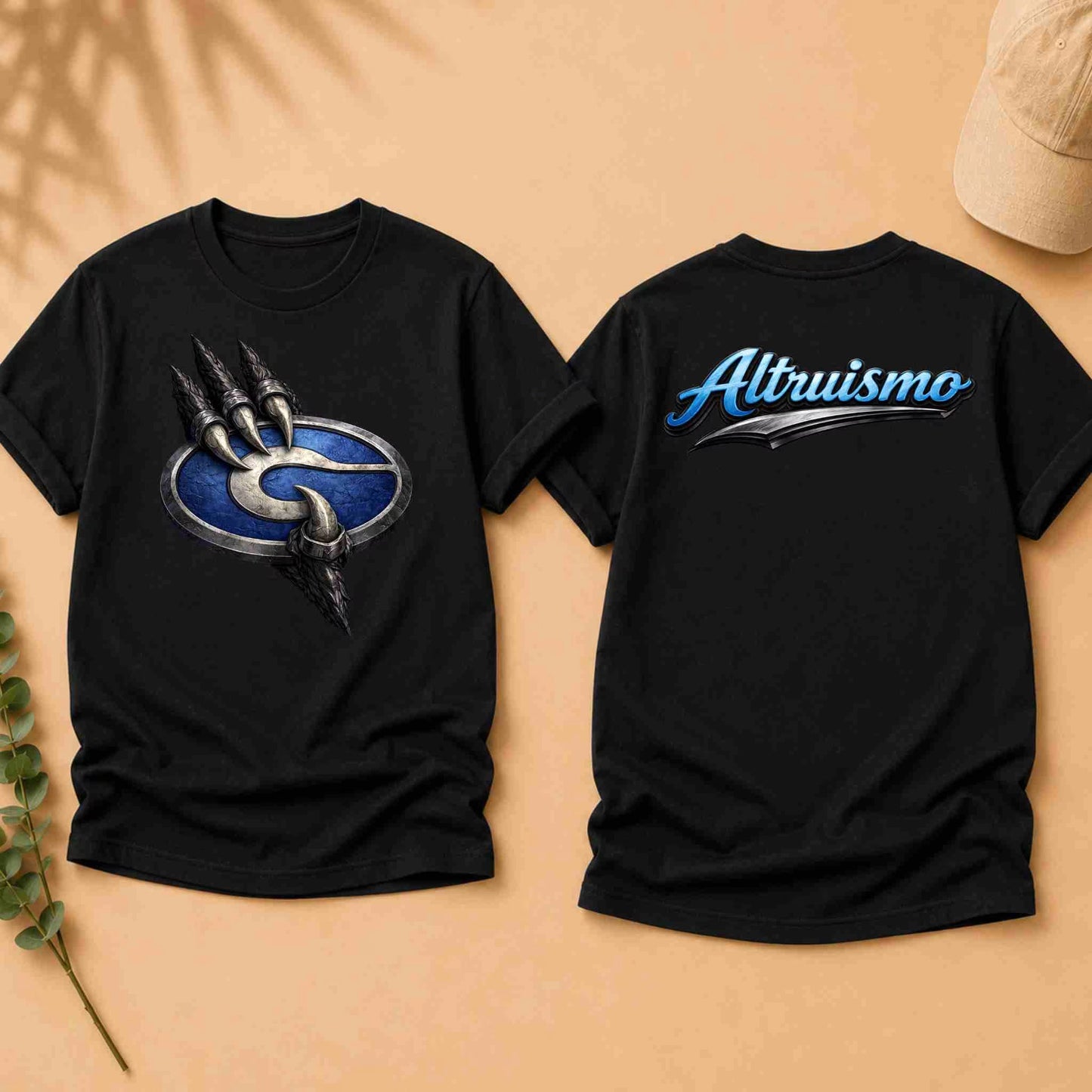 Black t-shirt with a logo on the front and 'Altruismo' text on the back, displayed on a beige surface.