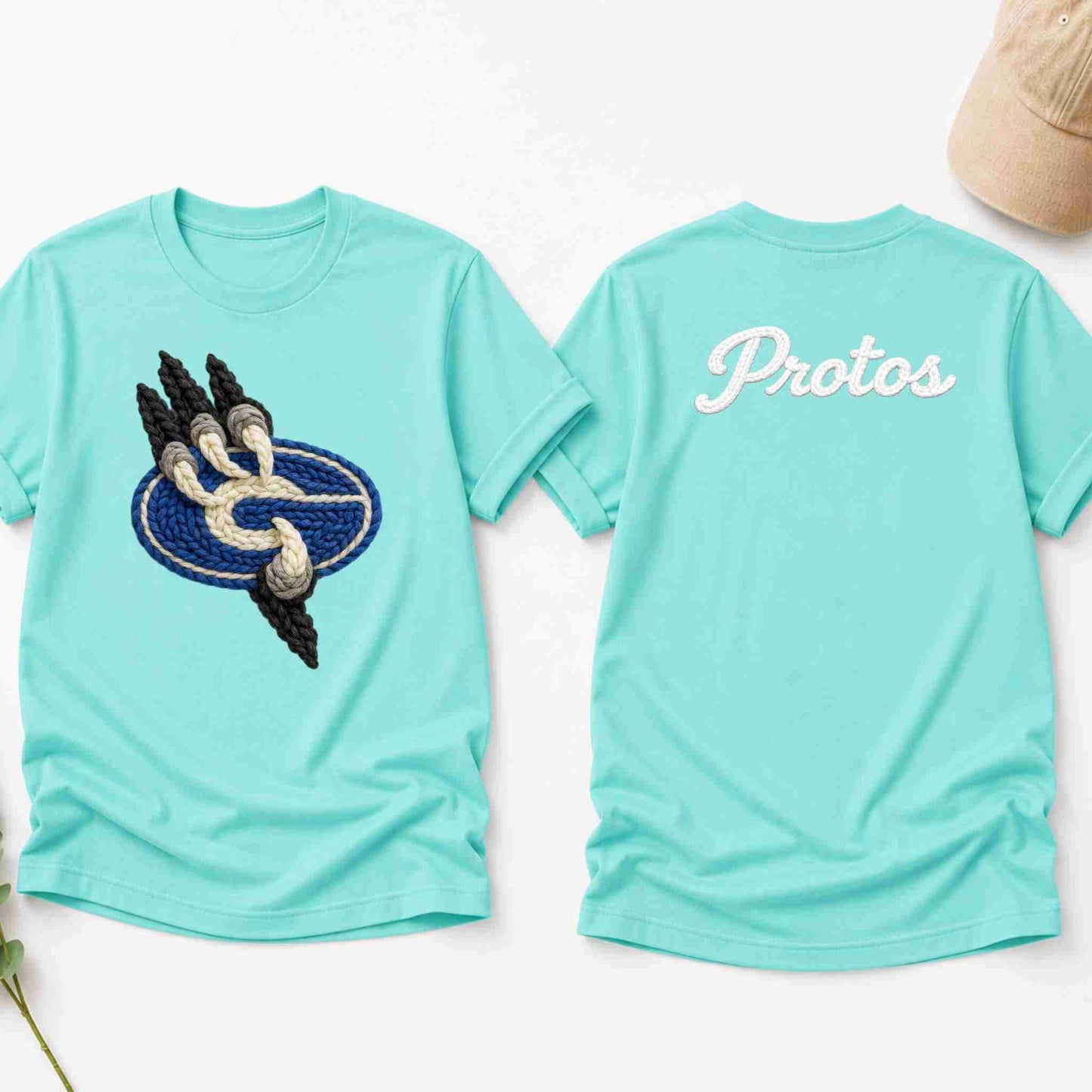 Light blue t-shirt with a graphic on the front and 'Protos' text on the back, displayed on a white background.