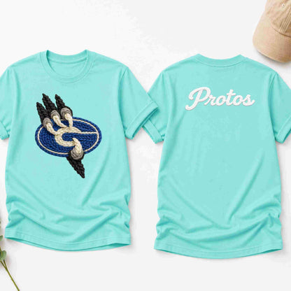 Light blue t-shirt with a graphic on the front and 'Protos' text on the back, displayed on a white background.