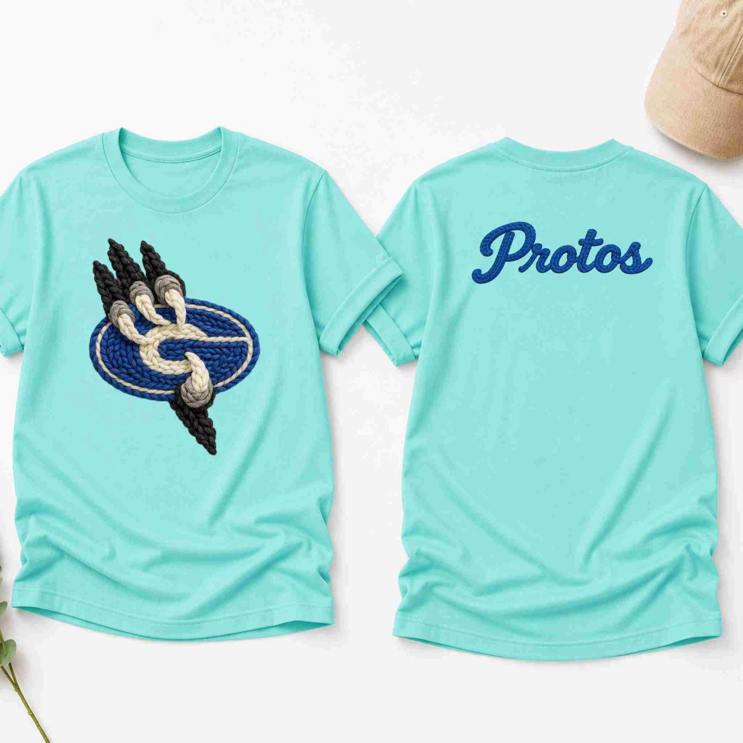 Light blue t-shirt with a logo on the front and 'Protos' text on the back, displayed on a white background.