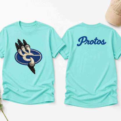 Light blue t-shirt with a logo on the front and 'Protos' text on the back, displayed on a white background.