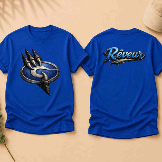 Blue t-shirt with a graphic design on the front and 'Reçeur' text on the back, displayed on a beige background.