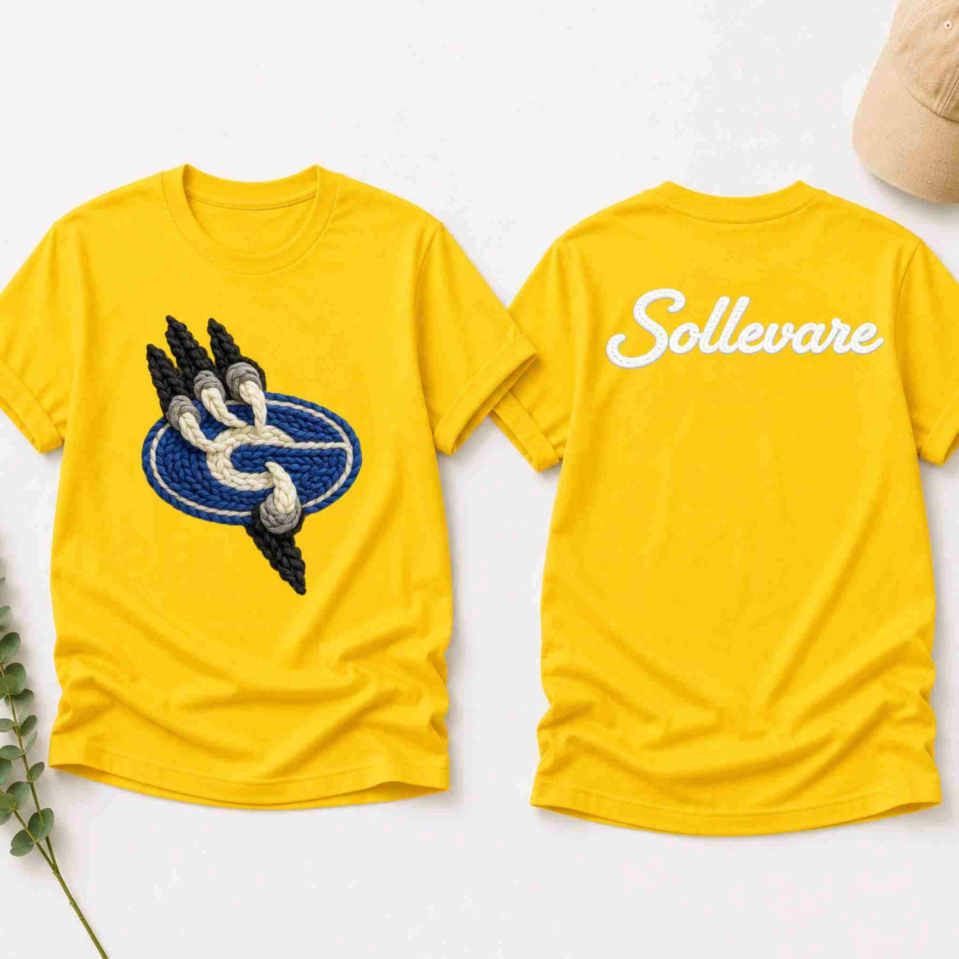 Yellow t-shirt with a logo on the front and 'Sollevare' text on the back, displayed on a white background.