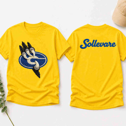 Yellow t-shirt with a logo on the front and 'Sollevare' text on the back, displayed on a white background.