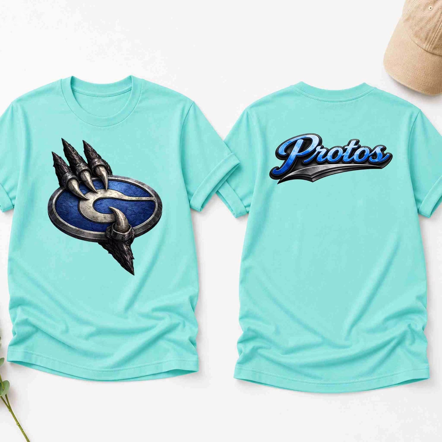 Light blue t-shirt with a graphic on the front and 'Protos' text on the back, displayed on a white background.