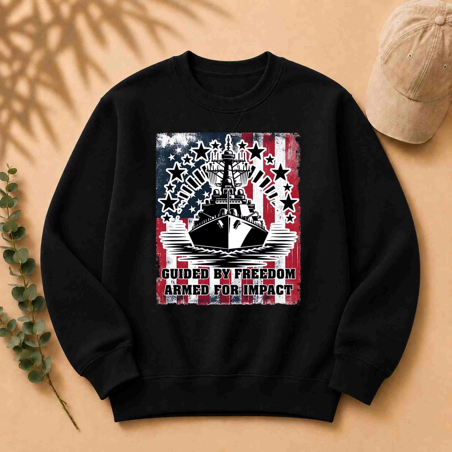 Black sweatshirt with a graphic design on a beige background