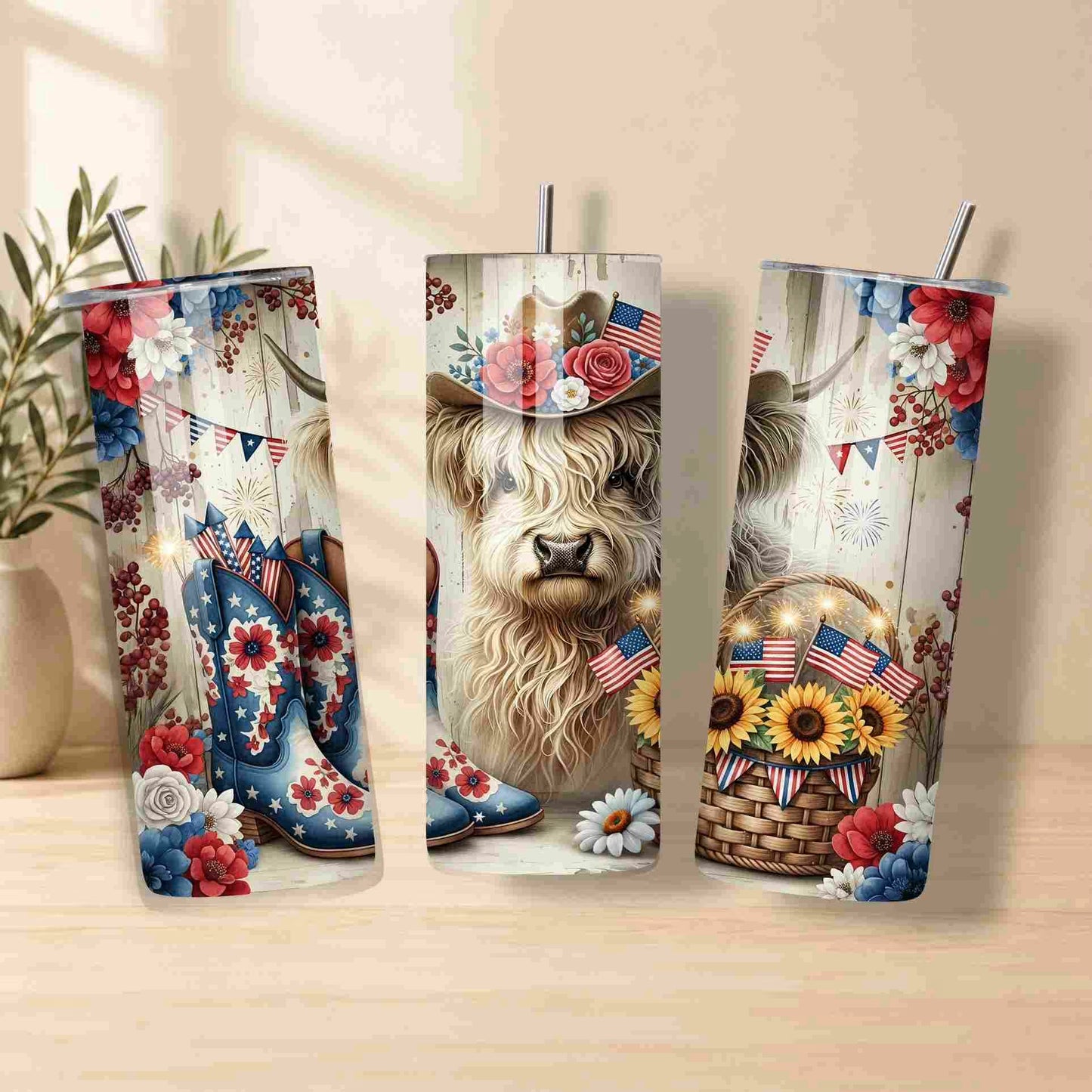 Three tumbler designs featuring a cow, flowers, and American flags on a wooden surface.