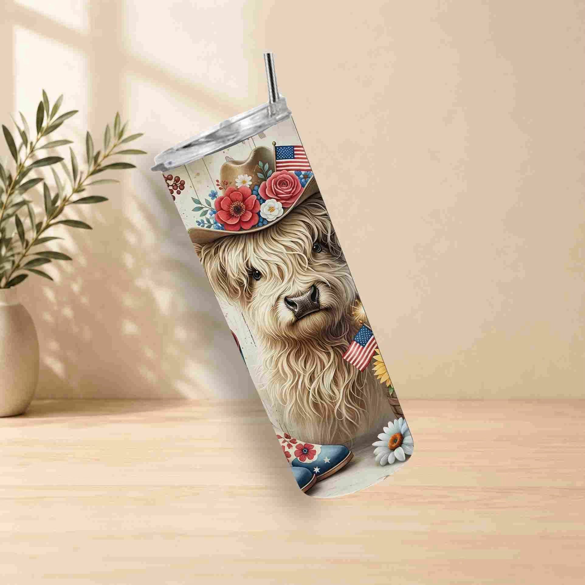 Tumbler with a llama design featuring flowers and American flags on a wooden surface.