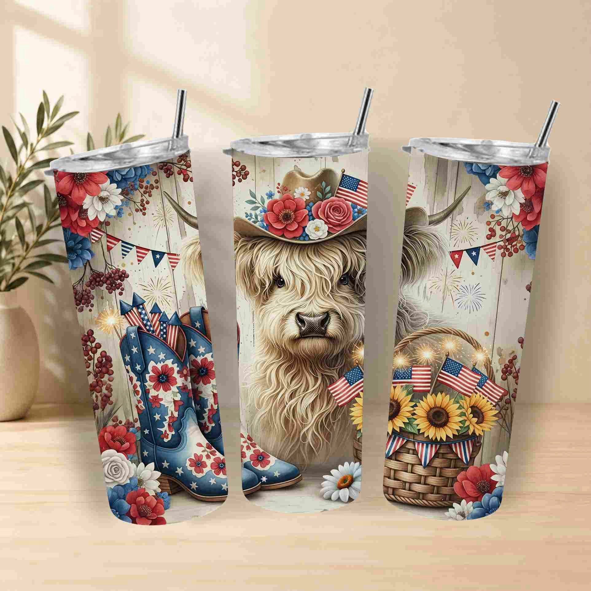 Three stainless steel tumblers with floral and American flag design featuring a highland cow.