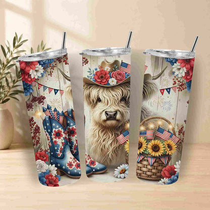 Three stainless steel tumblers with floral and American flag design featuring a highland cow.
