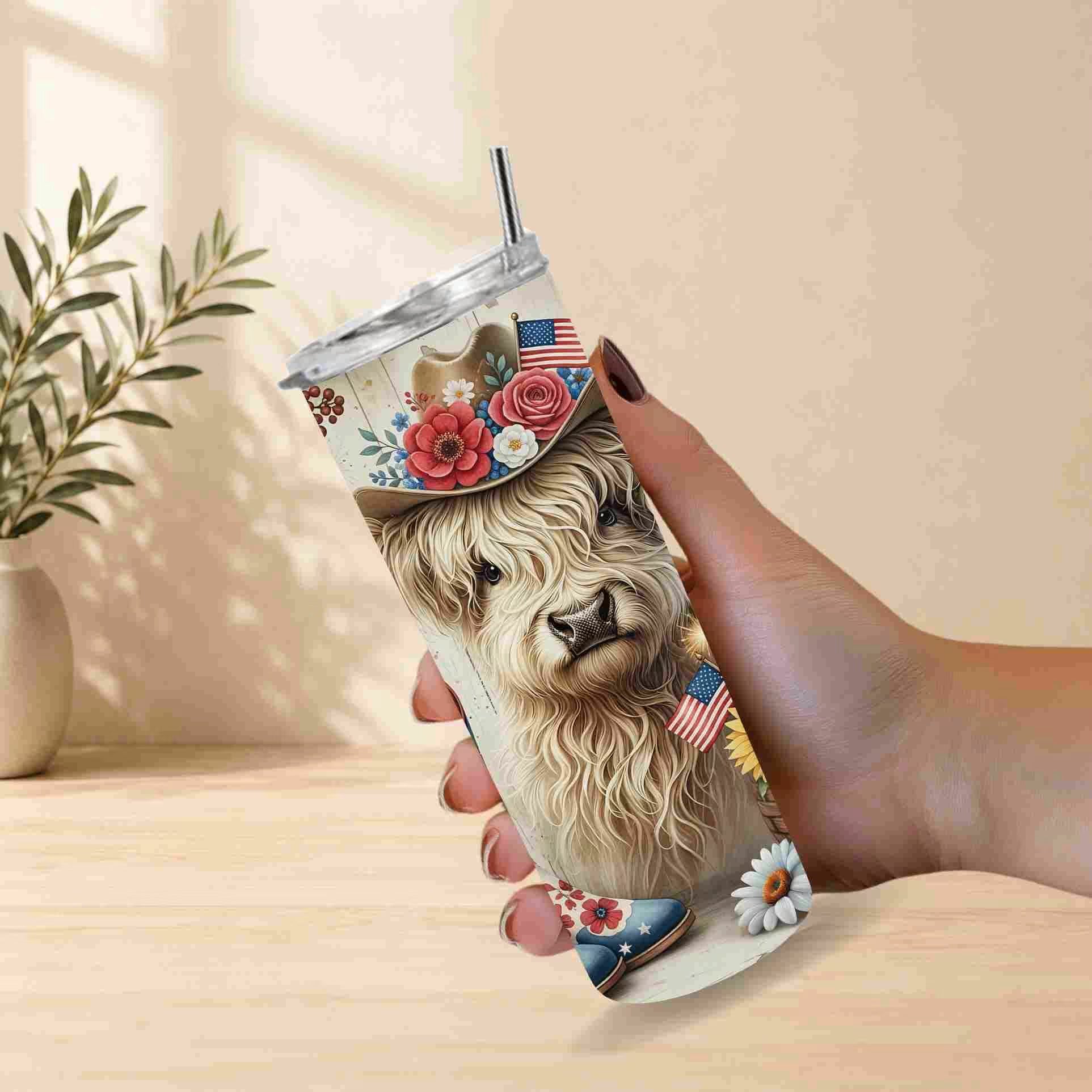 Tumbler with a llama design held by a hand on a light wooden surface.