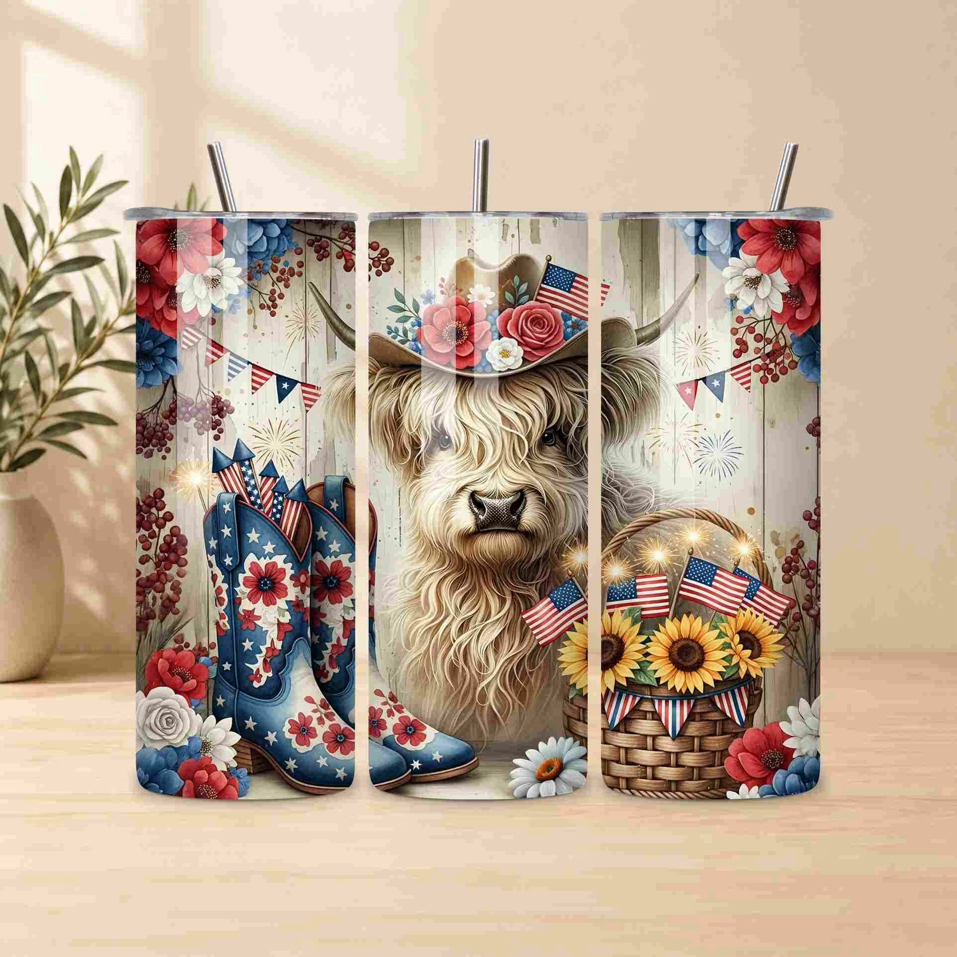 Tumbler with a design of a llama wearing a cowboy hat, surrounded by American flags, boots, and flowers.