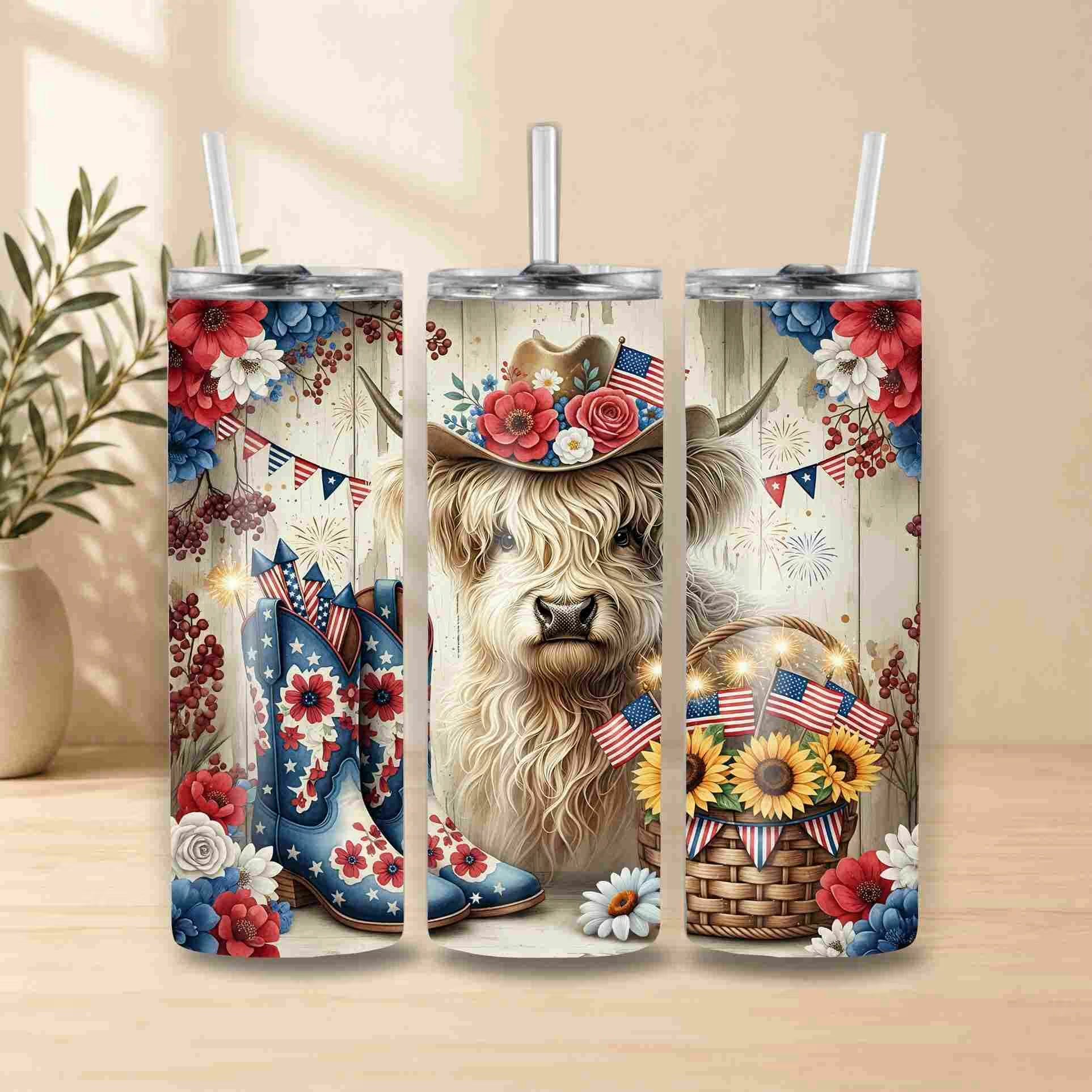 Three tumbler designs featuring a Highland cow with American flag decorations on a wooden surface.