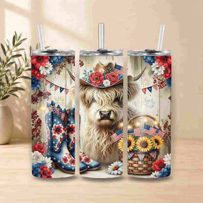 Three tumbler designs featuring a Highland cow with American flag decorations on a wooden surface.