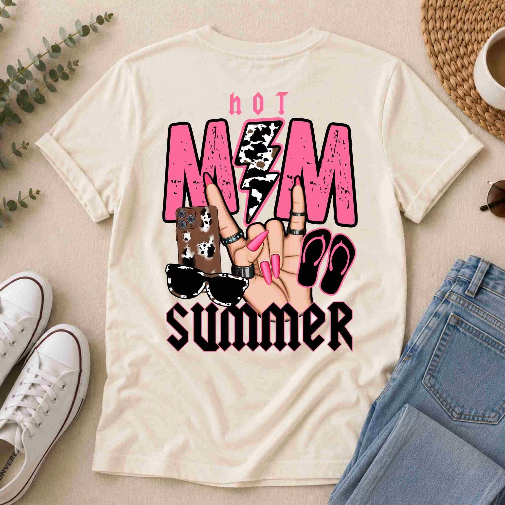 The Hot Mom Summer Tee – Trendy Mama Graphic Shirt by Becca's Banging Designs LLC features bold pink and black lettering, graphic hands with pink nails, cowboy boots, and flip-flops—perfect for summer styled with jeans, shoes, a hat, or sunglasses.