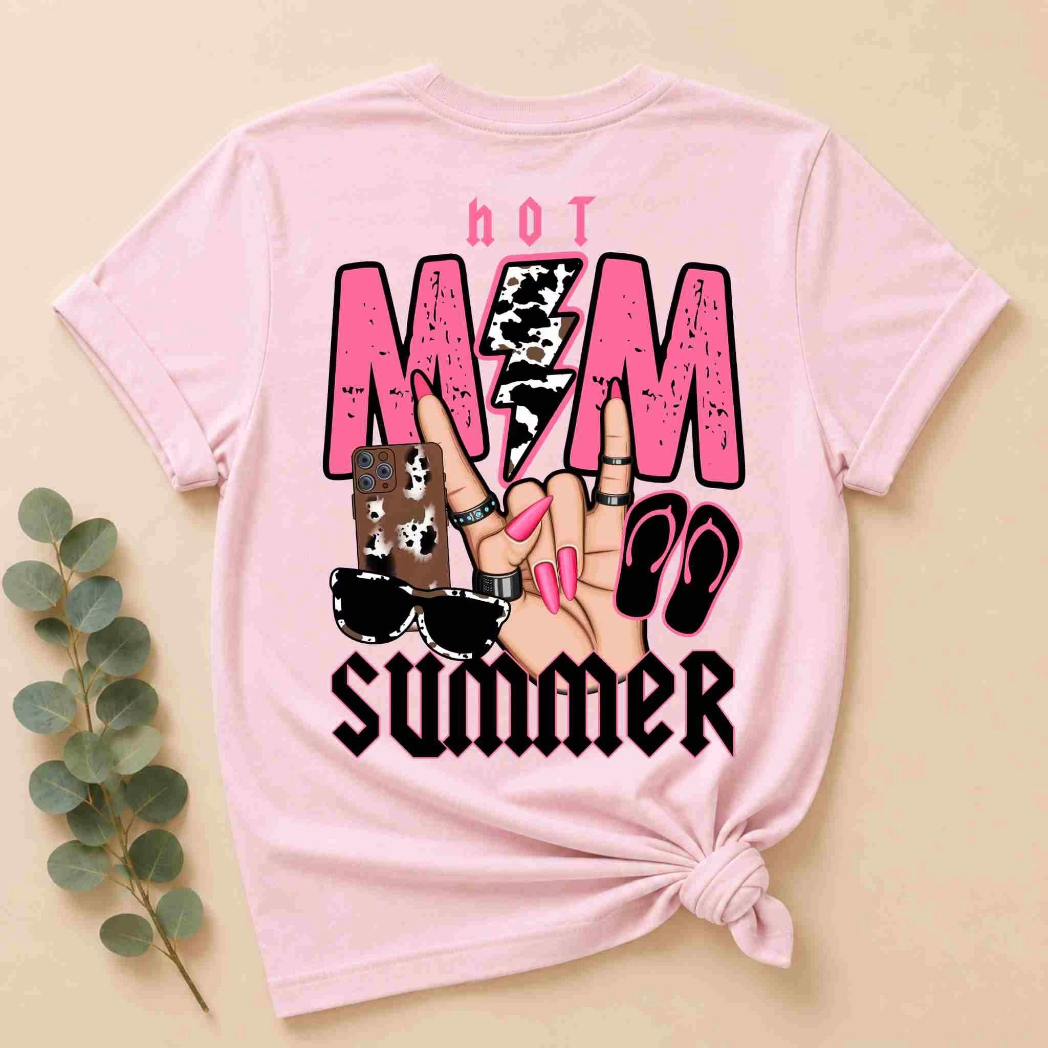 The Hot Mom Summer Tee – Trendy Mama Graphic Shirt by Becca's Banging Designs LLC features light pink fabric with bold pink and black text, plus hands with long pink nails, sunglasses, a cow-print phone, peace signs, and flip-flops.