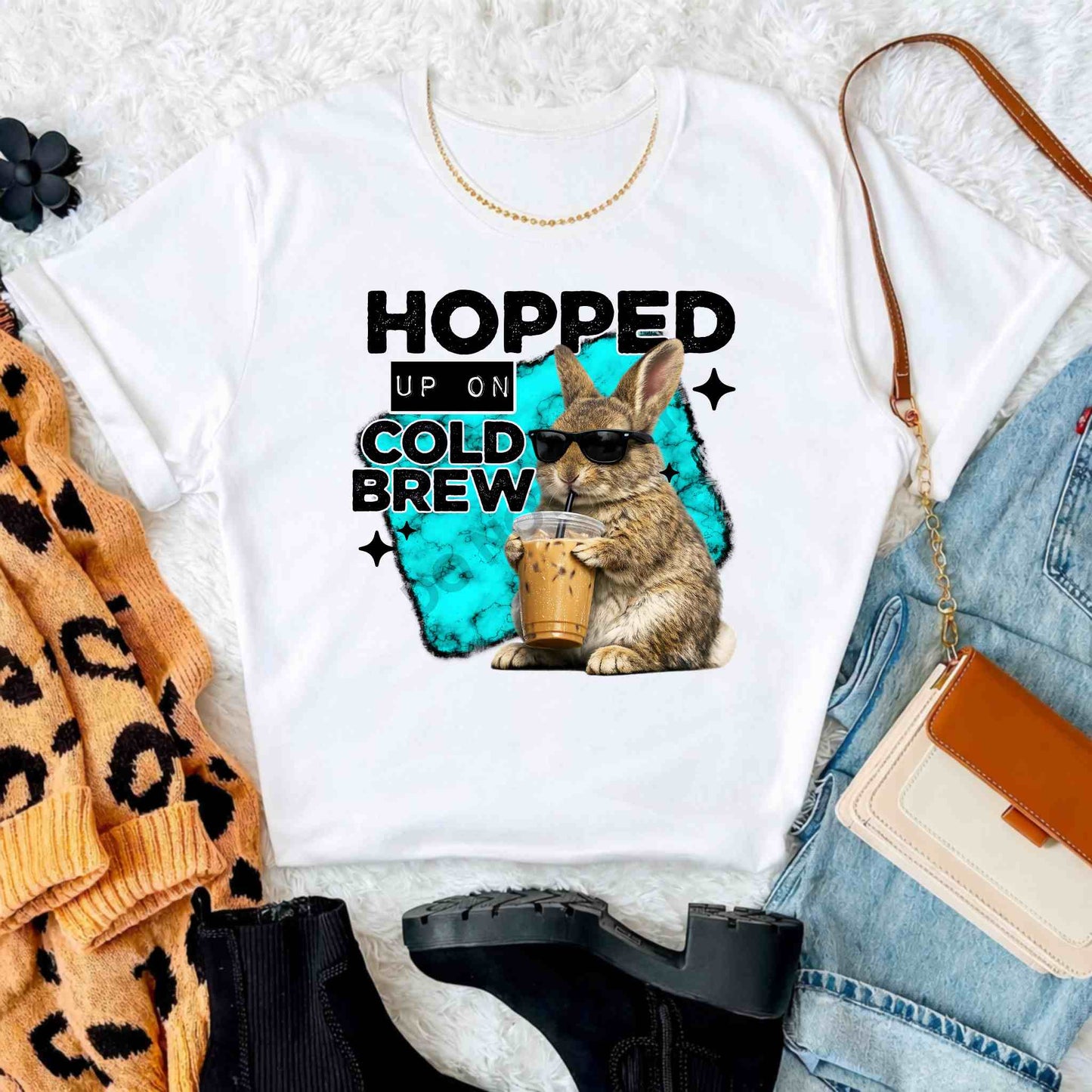 Hopped Up On Cold Brew Bunny Shirt | Funny Coffee Graphic Tee