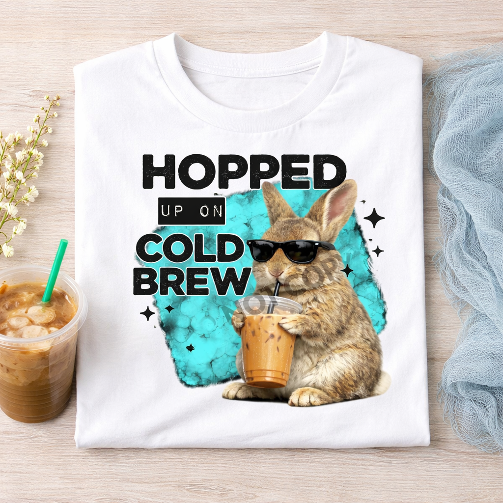 Hopped Up On Cold Brew Bunny Shirt | Funny Coffee Graphic Tee