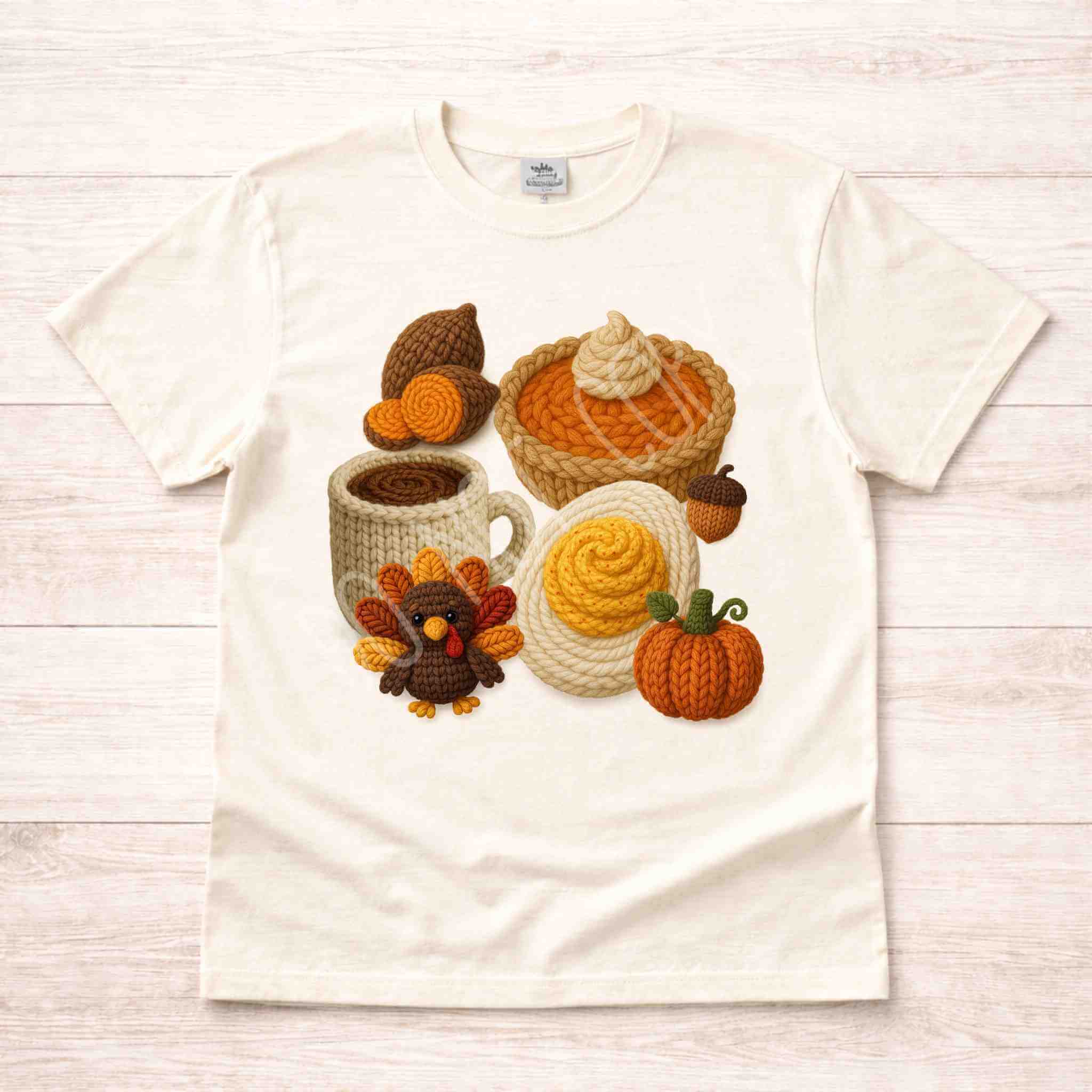 Pumpkin Pie & Turkey Vibes T-Shirt featuring autumn food items like pumpkin pie, coffee, and a turkey decoration.