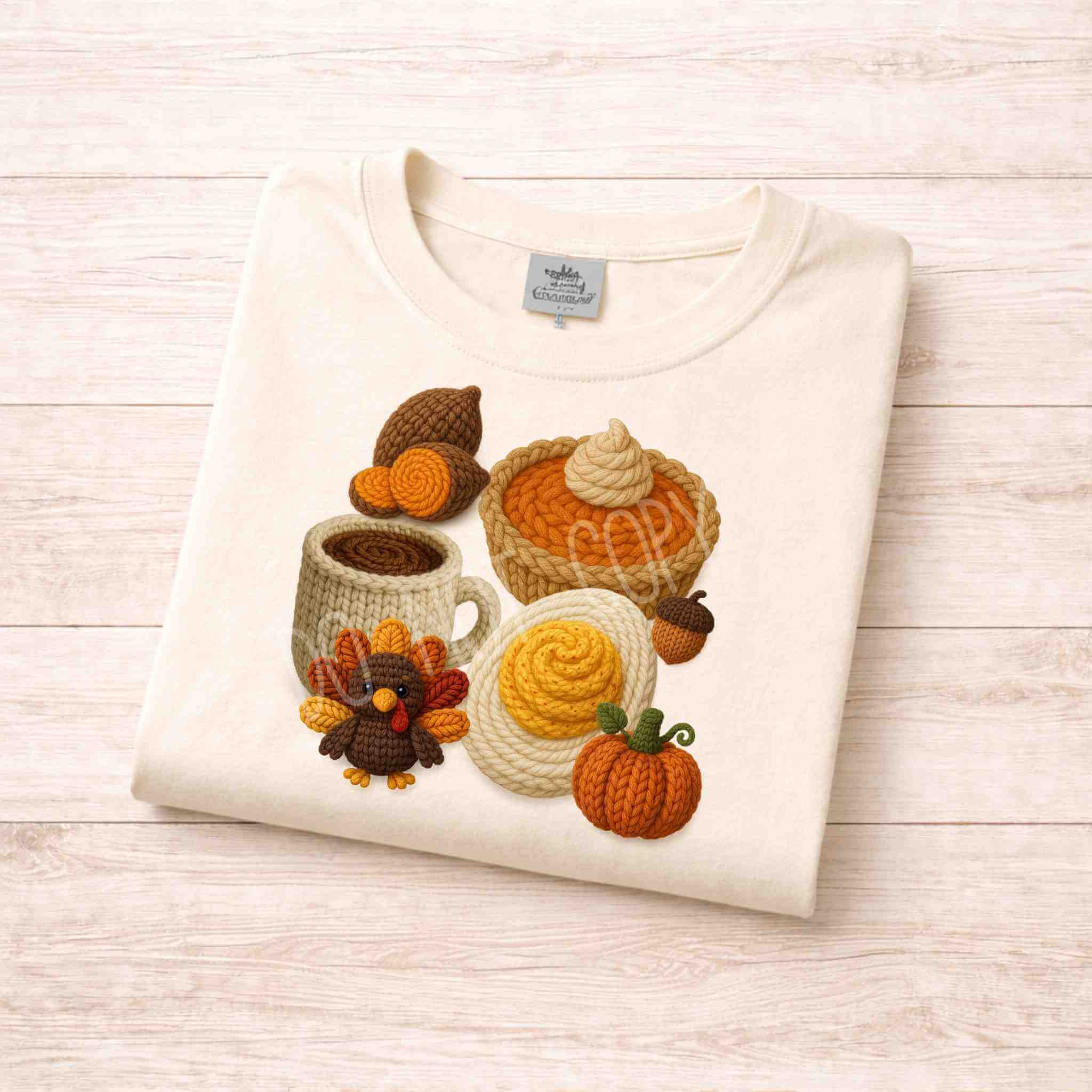 Pumpkin Pie & Turkey Vibes T-Shirt featuring autumn-themed designs of pumpkin pie, coffee, a turkey, and decorative pumpkins.