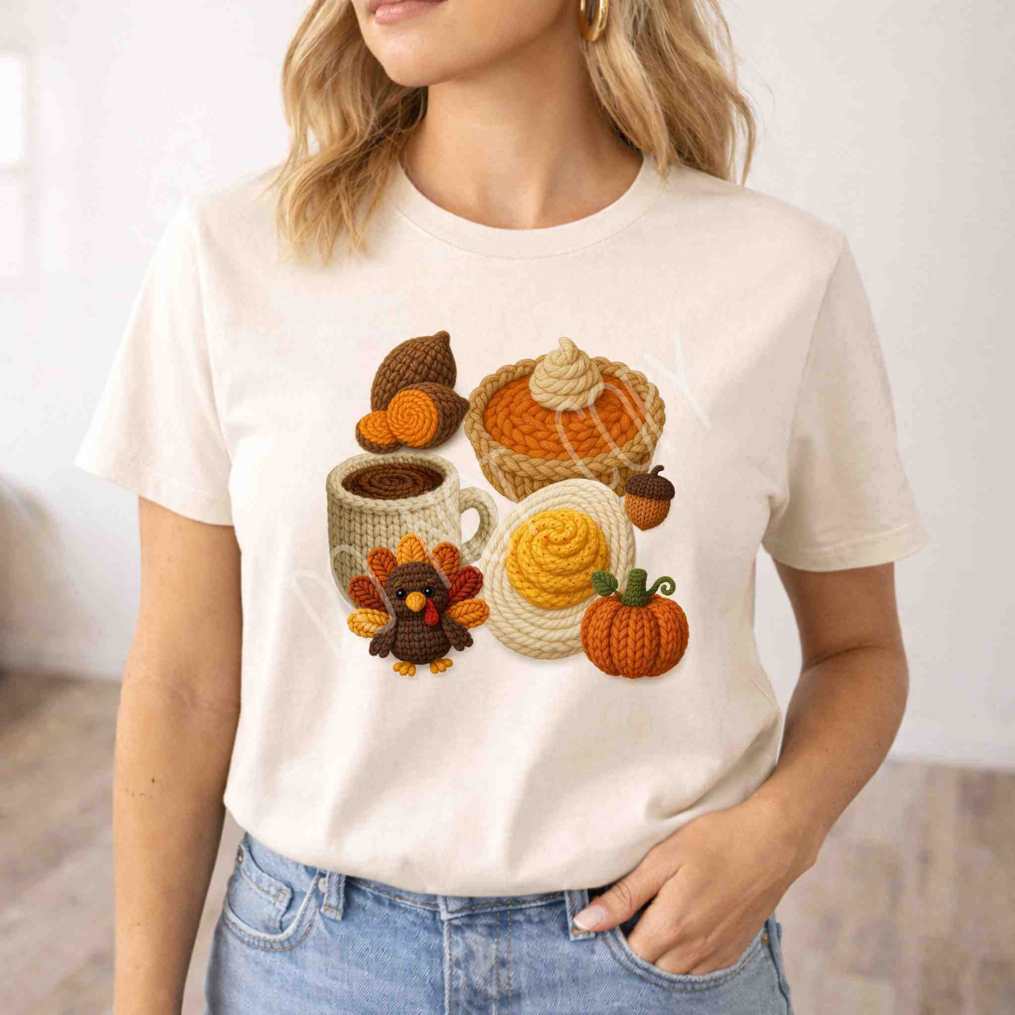 Pumpkin Pie & Turkey Vibes T-Shirt featuring autumn-themed designs like turkey, pumpkin pie, and coffee.