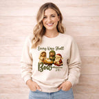 Every Knee Shall Bow Christmas Sweatshirt featuring festive characters and inspirational design.