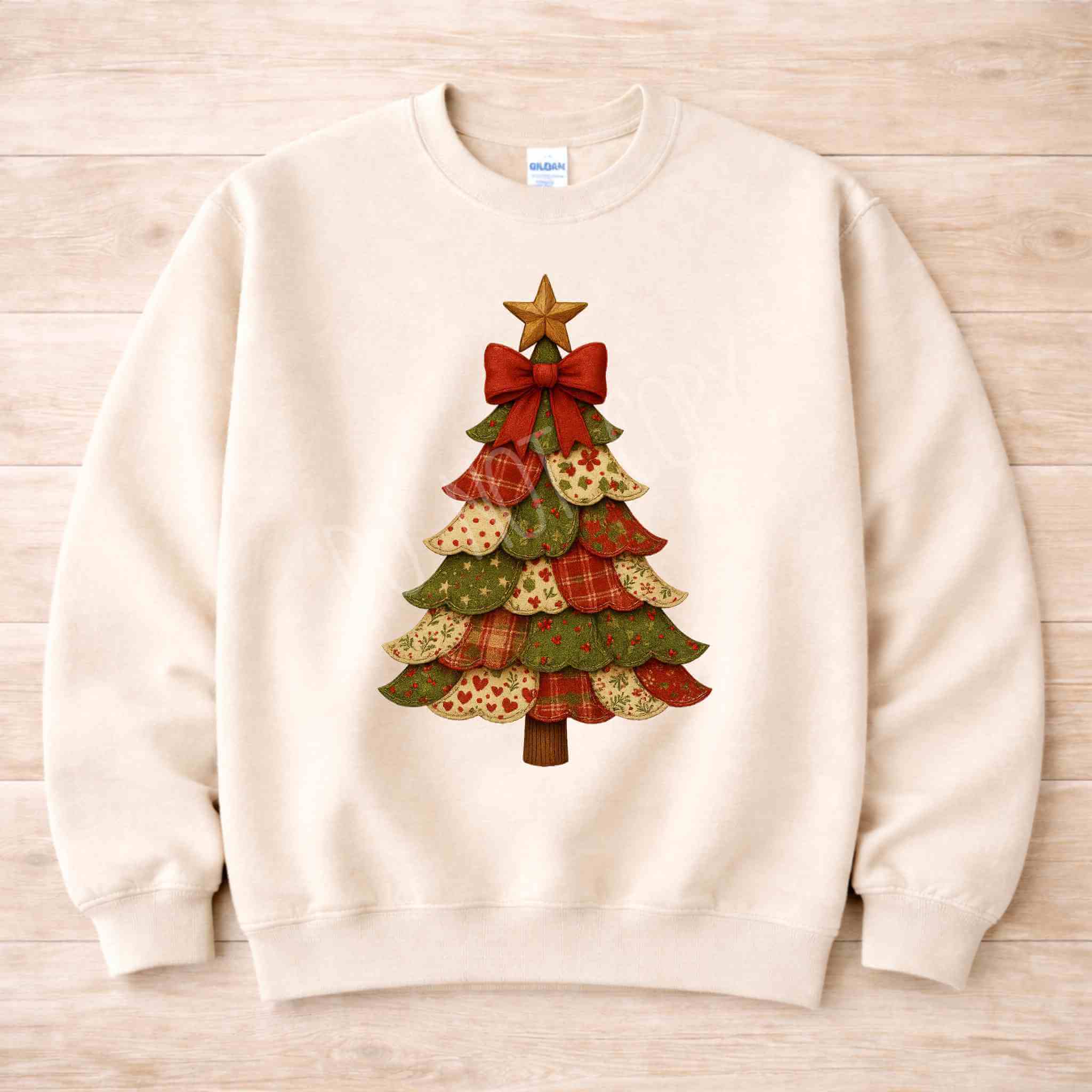 Patchwork Christmas Tree Sweatshirt features a festive tree design with patchwork details, perfect for cozy holiday gatherings.