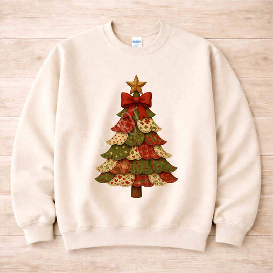 Patchwork Christmas Tree Sweatshirt featuring a festive design with a star and bow, perfect for cozy holiday style.