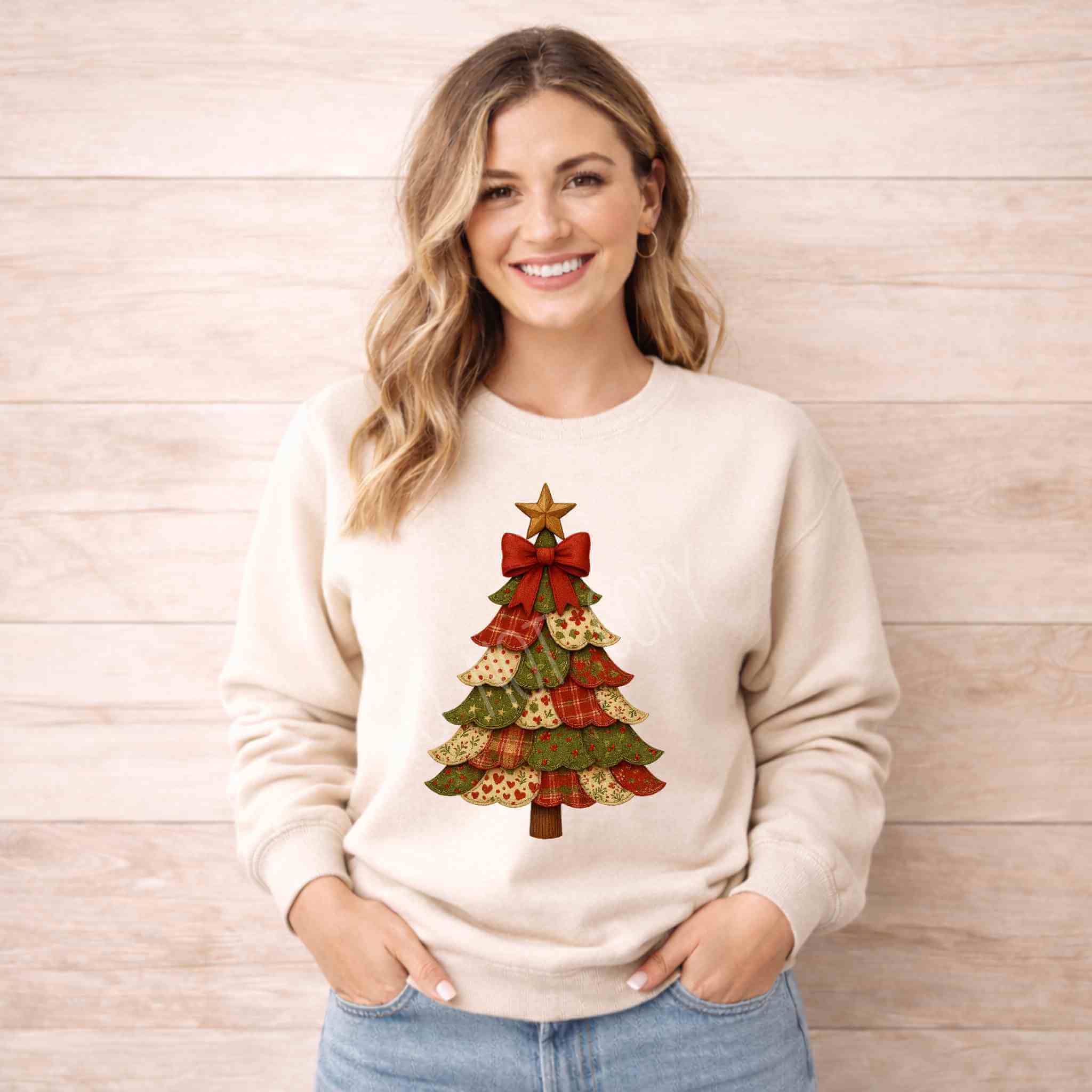 Woman wearing a cozy Patchwork Christmas Tree Sweatshirt with a decorative Christmas tree design on a wooden background.
