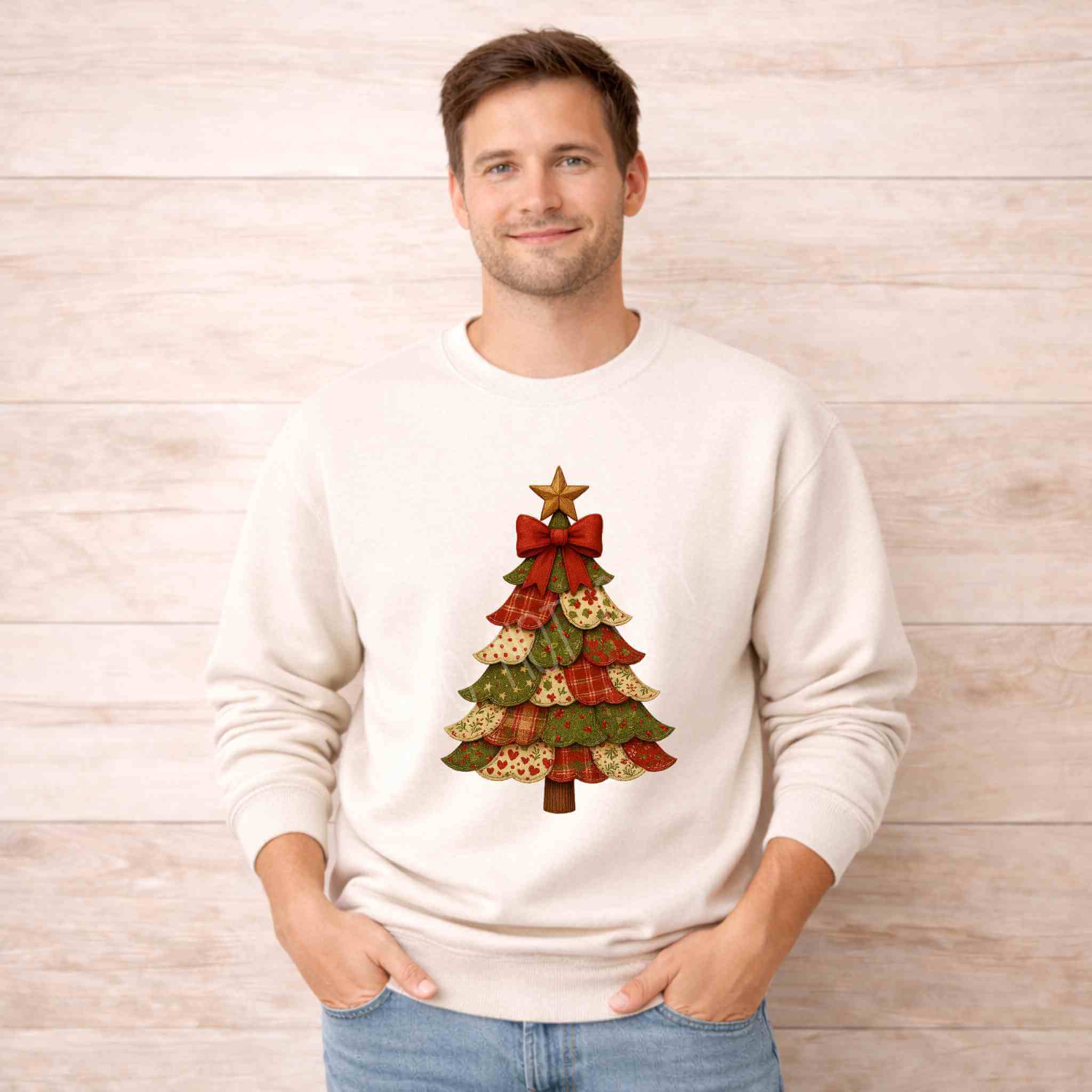 Man wearing a cozy Patchwork Christmas Tree Sweatshirt with a festive design for the holiday season.