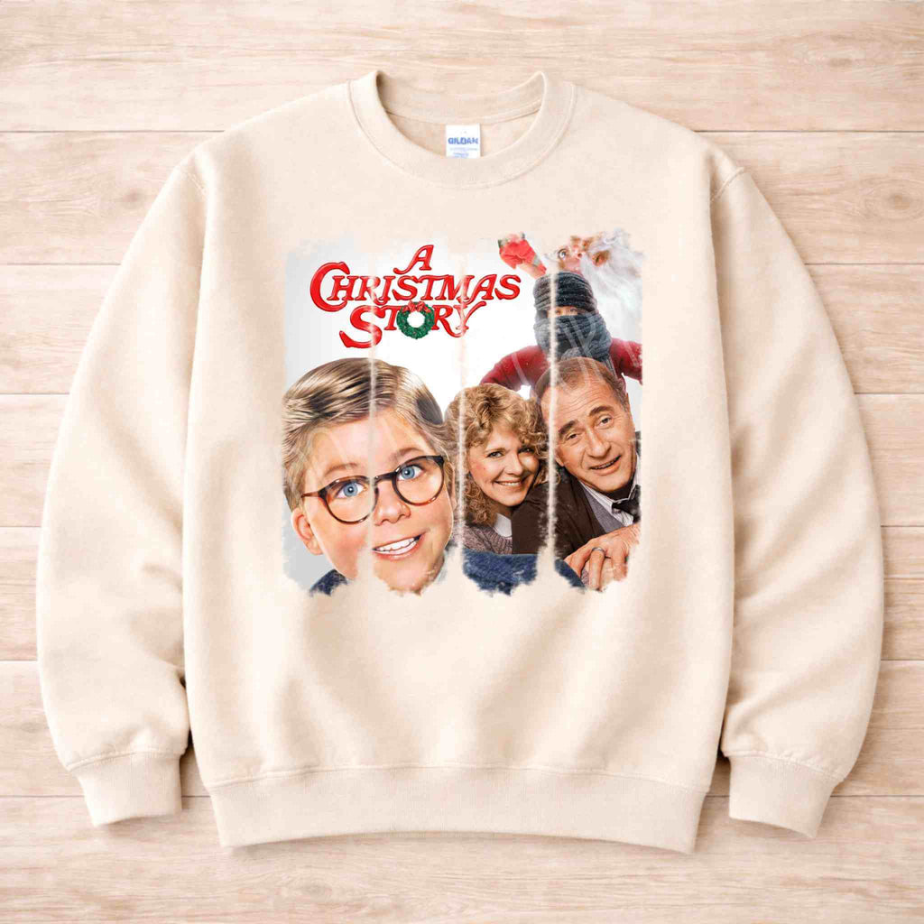 Classic Christmas Movie Sweatshirt featuring characters from A Christmas Story on a cozy beige background.