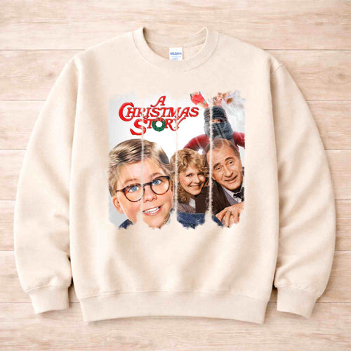 Classic Christmas Movie Sweatshirt featuring characters from A Christmas Story on a cozy beige background.