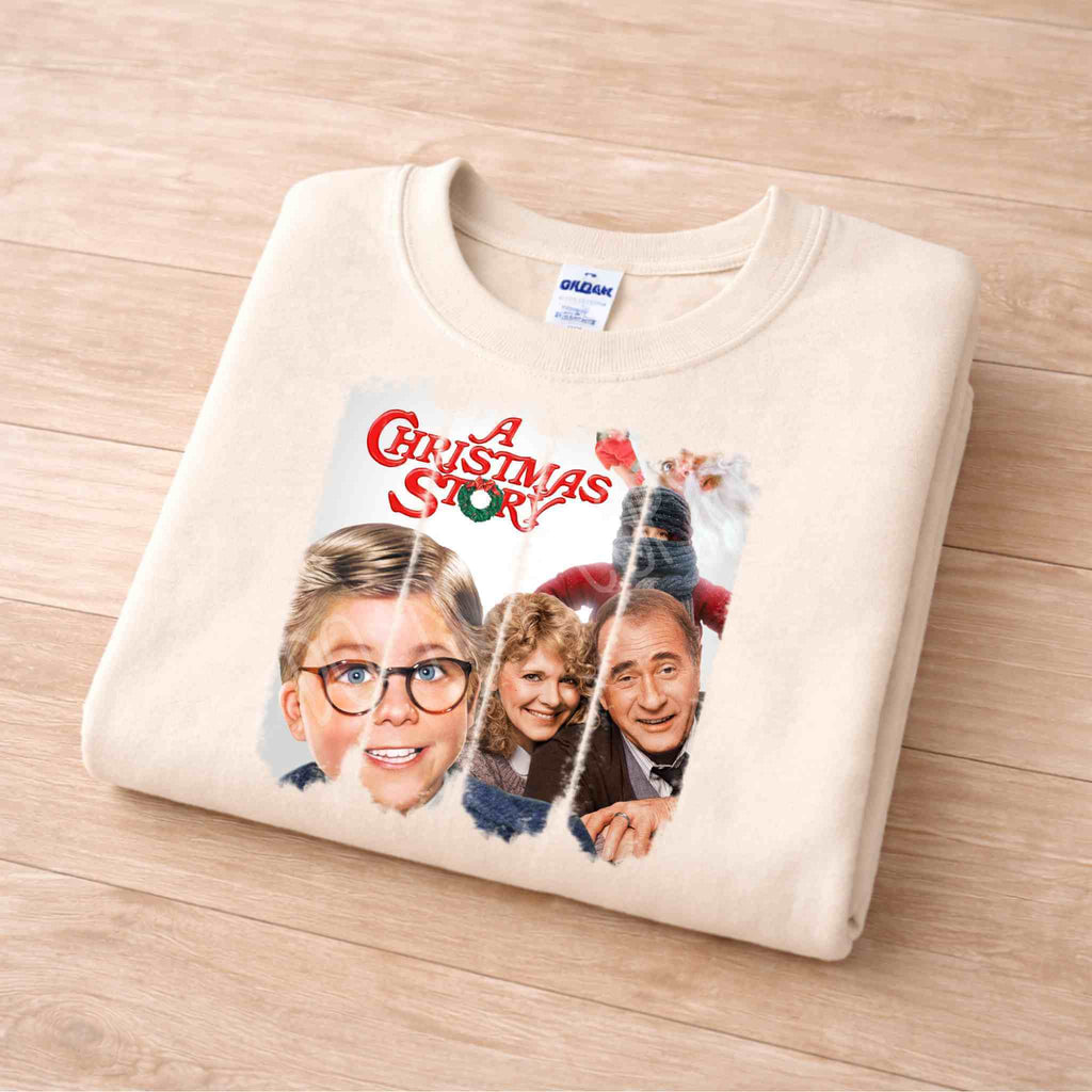 Classic Christmas Movie Sweatshirt featuring iconic imagery from A Christmas Story on a cozy beige background.