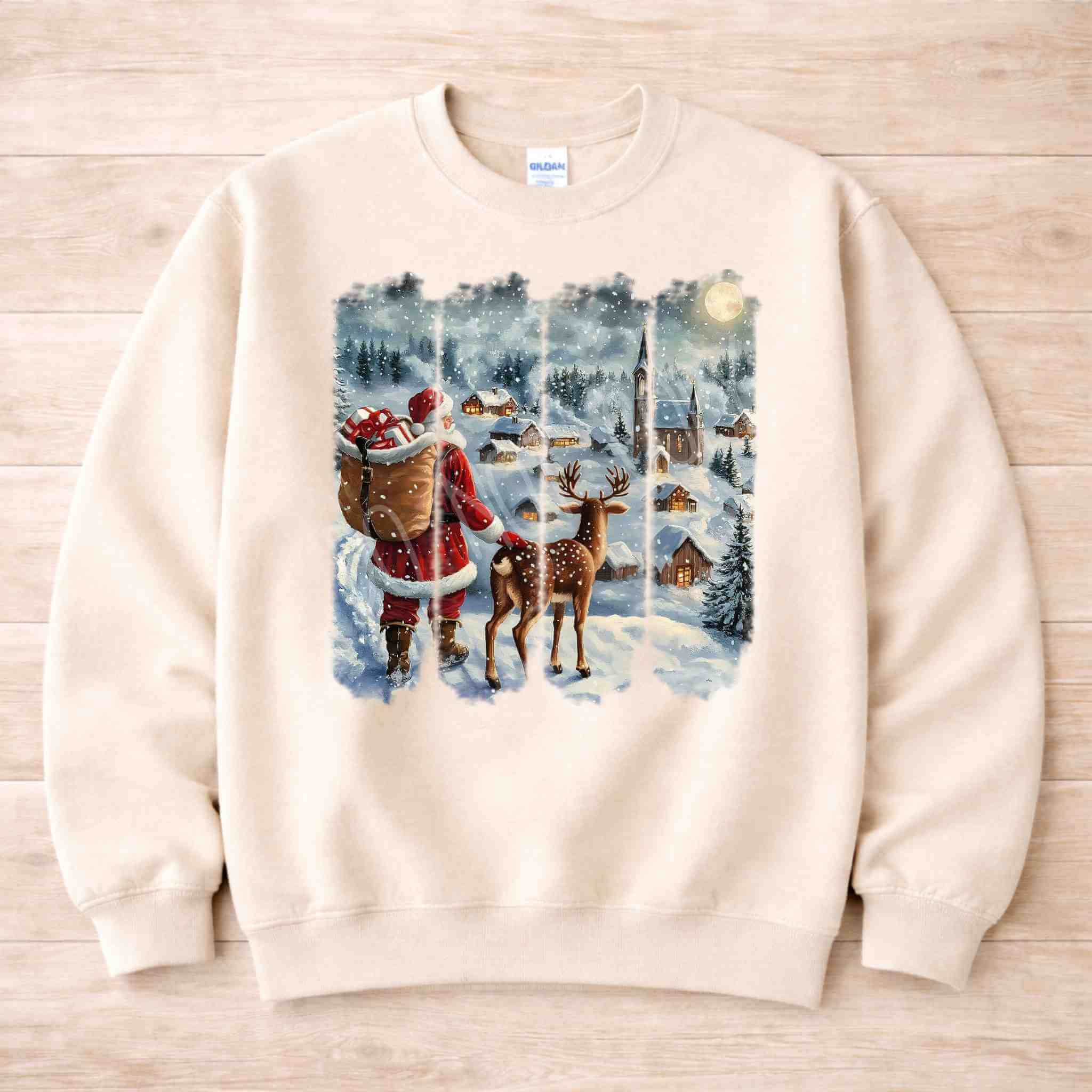 Santa and Reindeer Christmas Village Sweatshirt with festive winter scene and cozy design
