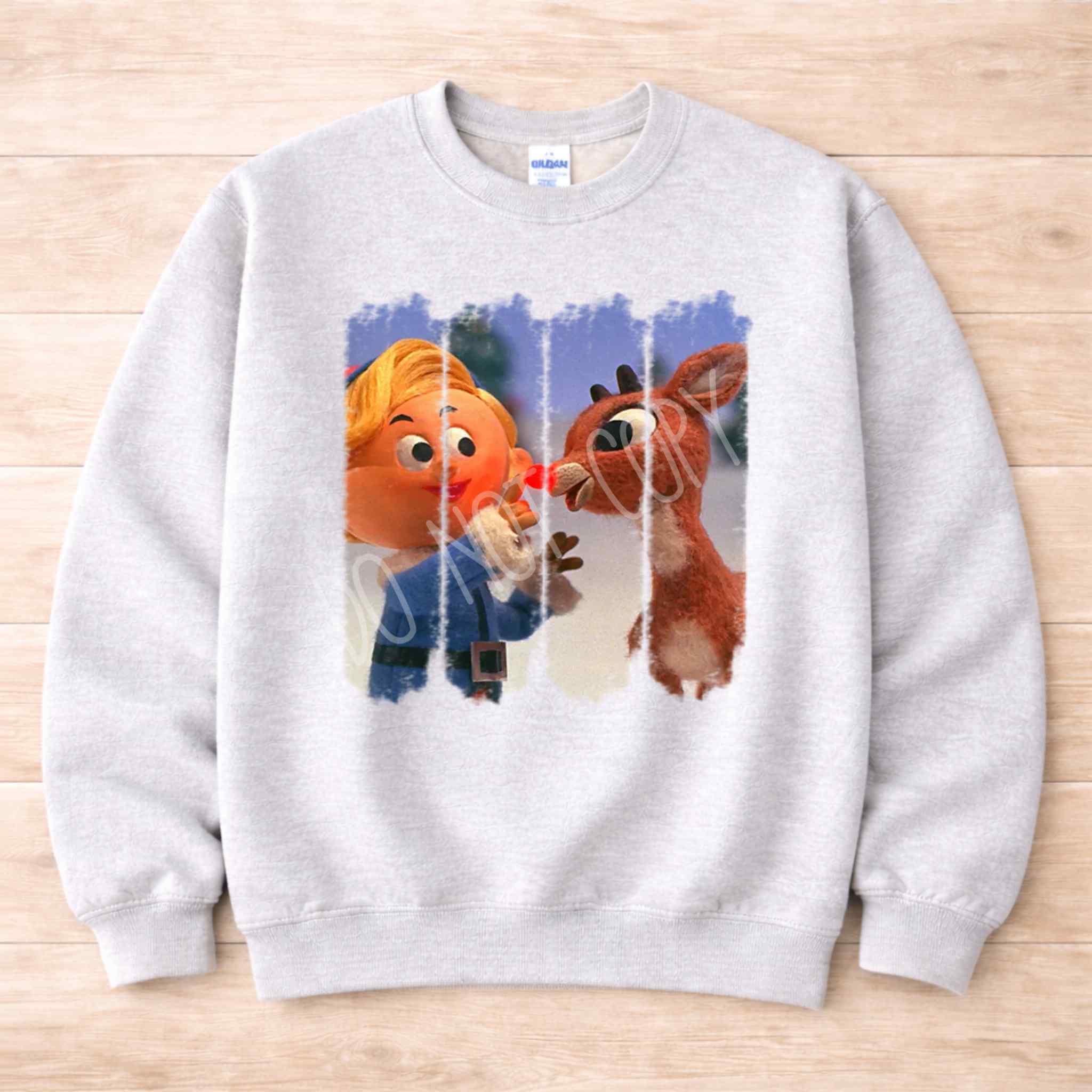 Christmas Elf & Reindeer Sweatshirt featuring a vintage design with an elf and reindeer for festive celebrations.